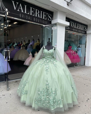 Vestido de fiesta verde salvia con apliques, vestido de quinceañera Y2319