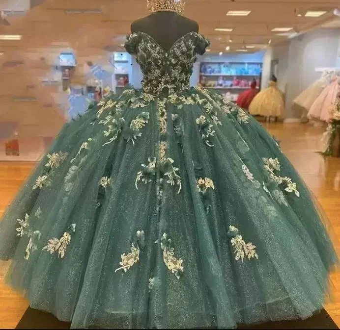 Dark Green Quinceanera Dresses Off the Shoulder Princess Pageant Ball Gown Flowers Y4432 by simplepromdress