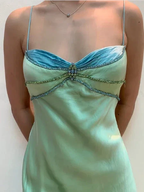 Sexy Spaghetti Straps Green Satin Beaded Prom Evening Dress Y7757 by simplepromdress