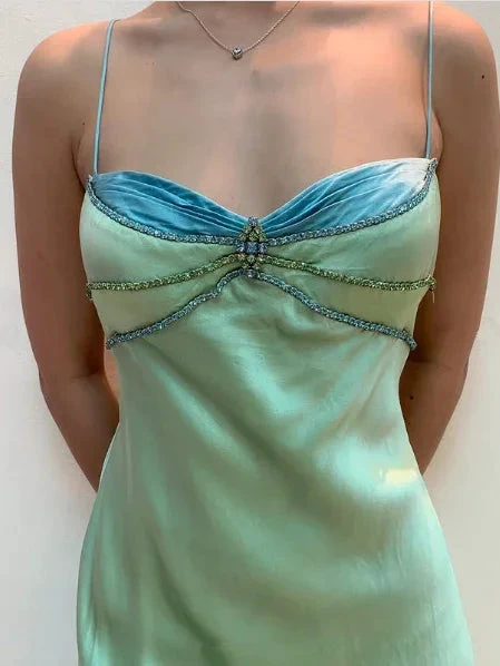 Sexy Spaghetti Straps Green Satin Beaded Prom Evening Dress Y7757 by simplepromdress