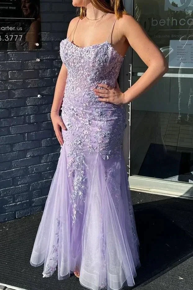 Lilac Spaghetti Straps Lace Appliques Mermaid Prom Dress Long Evening Gown Y7933 by simplepromdress