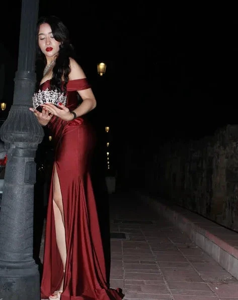 Elegant Burgundy Off The Slit Mermaid Evening Dress Formal Prom Dress Y8414 by simplepromdress