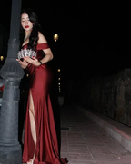 Elegant Burgundy Off The Slit Mermaid Evening Dress Formal Prom Dress Y8414 by simplepromdress