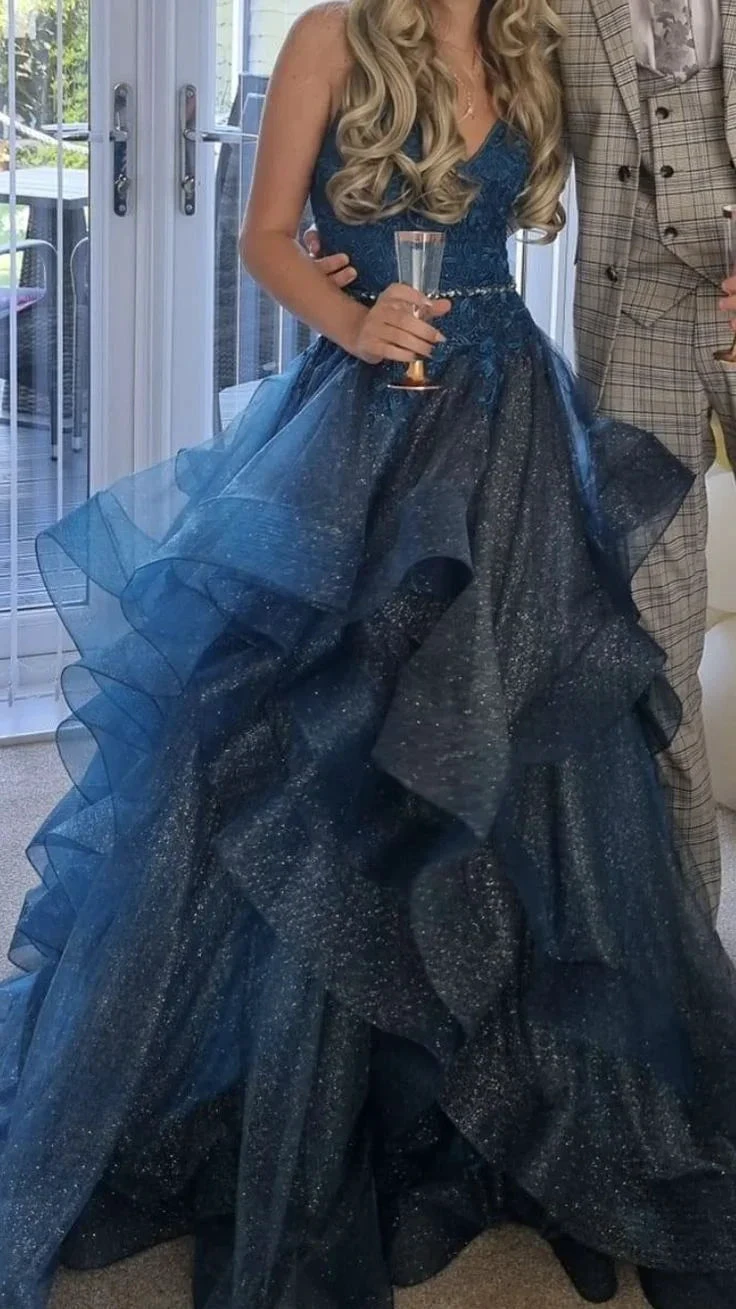 Shiny Blue V-neck Tulle Appliques Sequins Long Prom Dress Spaghetti Strap Evening Dress Y8051 by simplepromdress