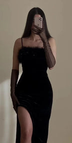 Elegant Black Spaghetti Straps Evening Dress With Split Y6412 by simplepromdress