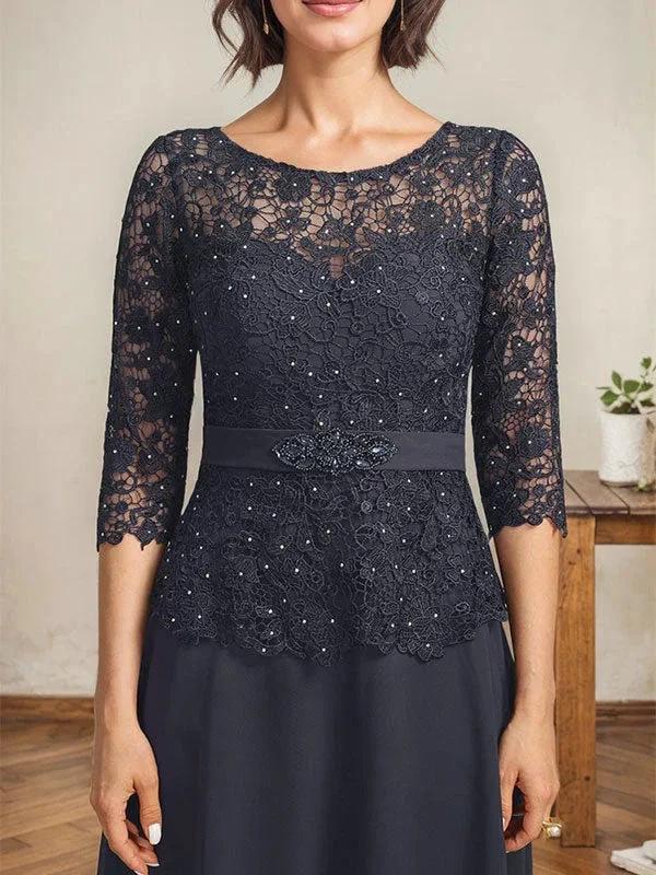 A-line Scoop Illusion Ankle-Length Chiffon Lace Mother of the Bride Dress With Rhinestone Beading by Dreamylily