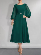 A-line Scoop Tea-Length Chiffon Mother of the Bride Dress With Crystal Brooch Pleated by Dreamylily