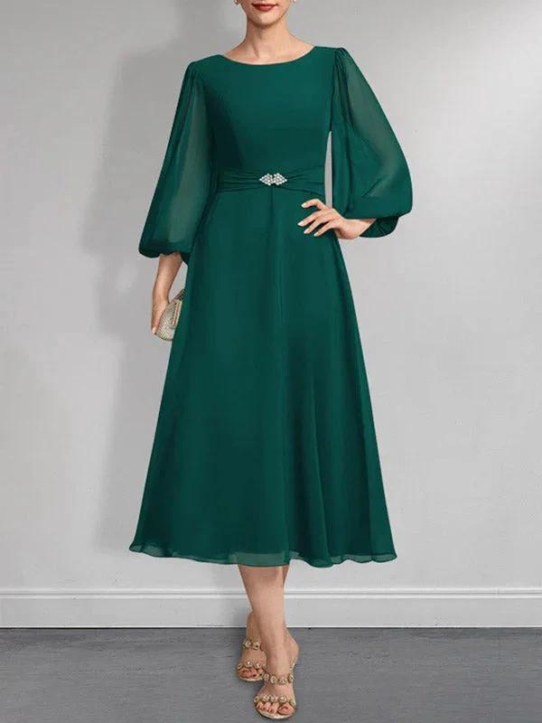 A-line Scoop Tea-Length Chiffon Mother of the Bride Dress With Crystal Brooch Pleated by Dreamylily