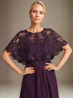 A-line Boat Neck Floor-Length Lace Chiffon Mother of the Bride Dress With Applique Sequins by Dreamylily
