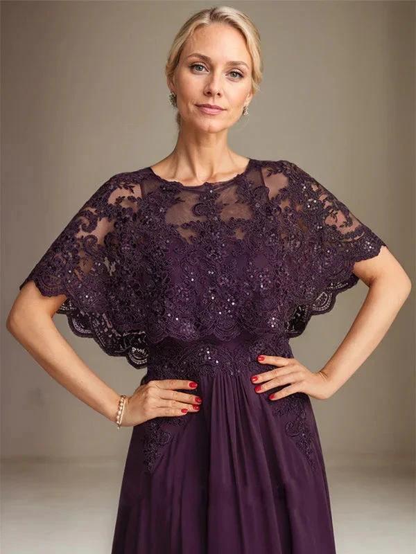 A-line Boat Neck Floor-Length Lace Chiffon Mother of the Bride Dress With Applique Sequins by Dreamylily