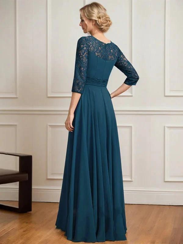 A-line Scoop Illusion Floor-Length Lace Chiffon Mother of the Bride Dress With Pleated by Dreamylily