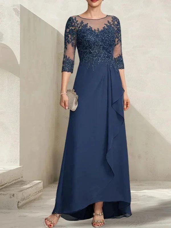 A-line Scoop Illusion Asymmetrical Lace Chiffon Mother of the Bride Dress With Sequins Cascading Ruffles by Dreamylily