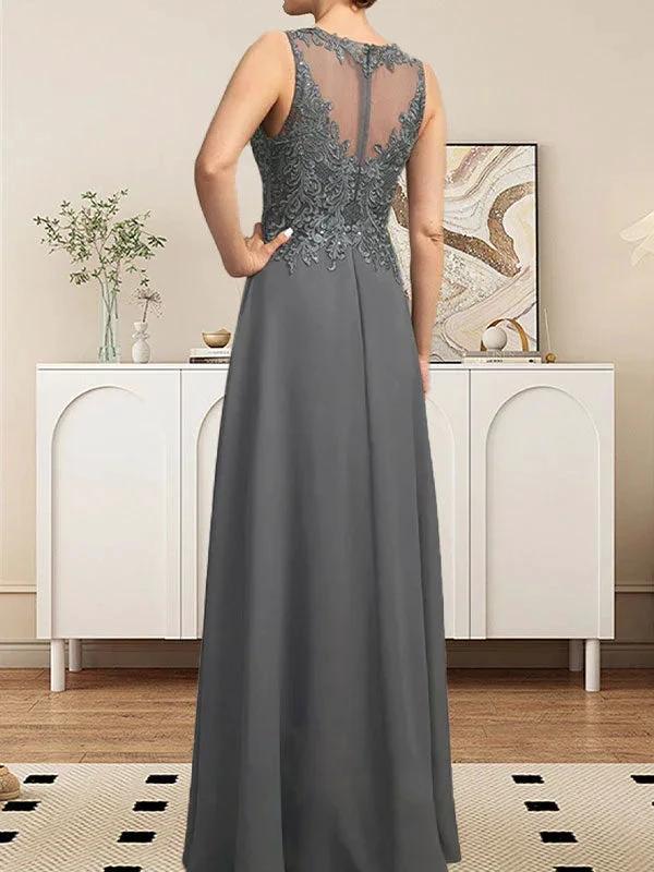 A-line Scoop Illusion Floor-Length Lace Chiffon Mother of the Bride Dress With Sequins by Dreamylily