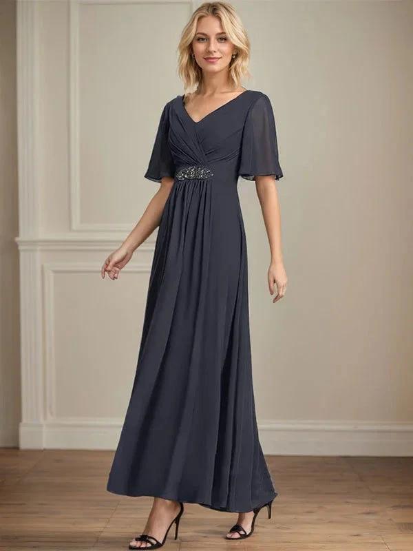 A-line V-Neck Ankle-Length Chiffon Mother of the Bride Dress With Pleated Beading Sequins by Dreamylily