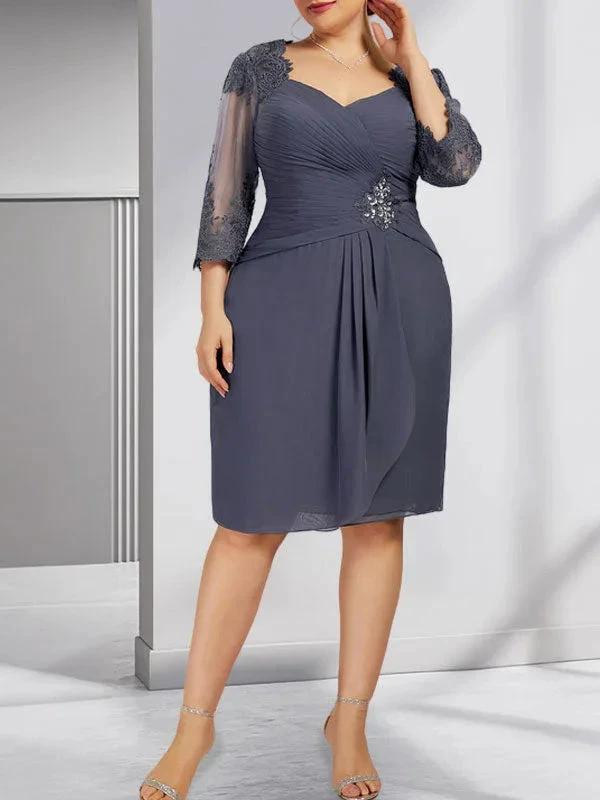 Sheath/Column Sweetheart Knee-Length Chiffon Mother of the Bride Dress With Beading Appliques Lace Sequins Pleated by Dreamylily