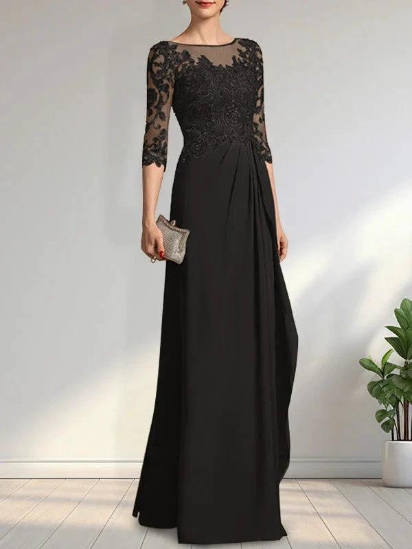 A-line Scoop Illusion Floor-Length Chiffon Lace Mother of the Bride Dress With Beading Sequins Cascading Ruffles by Dreamylily