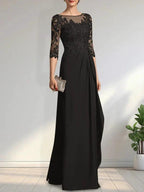 A-line Scoop Illusion Floor-Length Chiffon Lace Mother of the Bride Dress With Beading Sequins Cascading Ruffles by Dreamylily