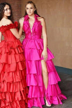 Flora | Halter Red Ruffle Tiered A-Line Prom Dress by KissProm