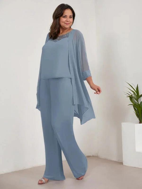 Chiffon Scoop Long Sleeves Mother Of The Bride Pantsuits With Jacket by Dreamylily
