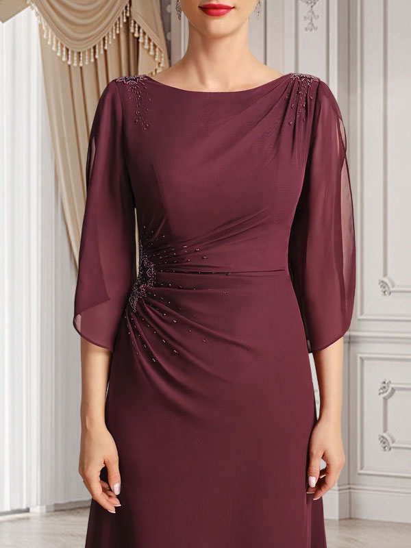 Etui-Linie/Säule U-Ausschnitt Bodenlang Chiffon Kleid für die Brautmutter mit Plissee Perlenbesatz