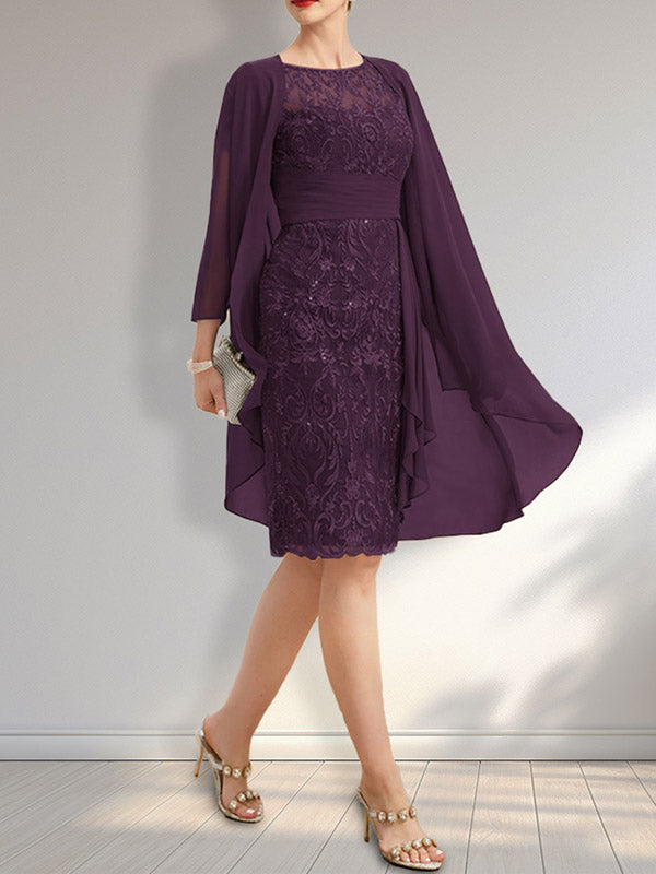 Sheath Scoop Illusion Knee-Length Lace Chiffon Mother of the Bride Dress With Cascading Ruffles Sequins
