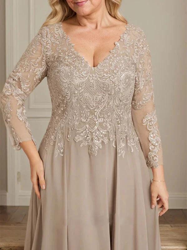 A-line V-Neck Floor-Length Lace Chiffon Mother of the Bride Dress With Sequins by Dreamylily