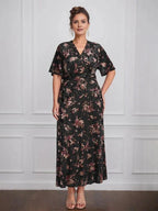 Vintage Plain V-Neck Short Sleeves Velvet Tea-Length Mother of the Bride Dress With Slit by Dreamylily
