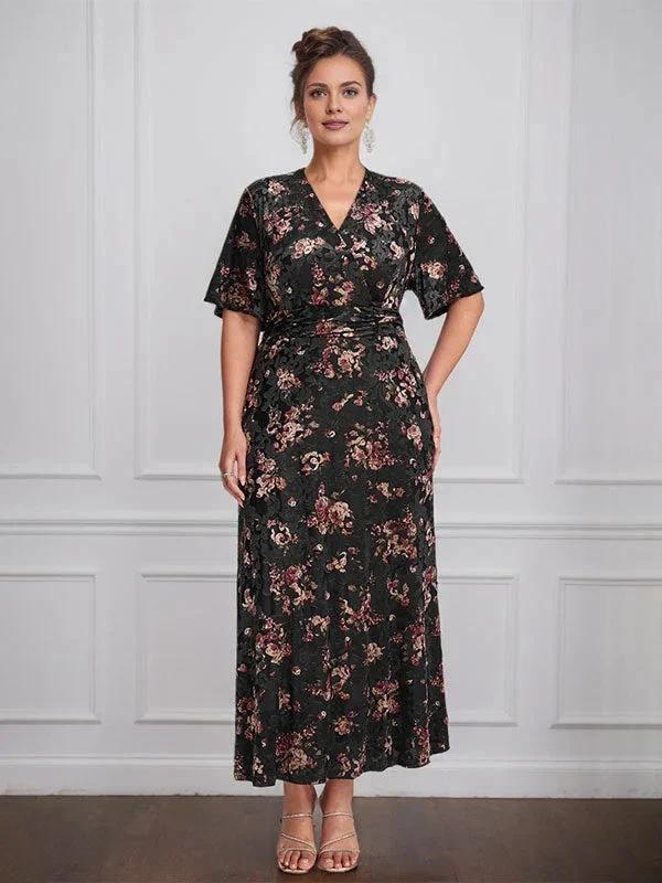 Vintage Plain V-Neck Short Sleeves Velvet Tea-Length Mother of the Bride Dress With Slit by Dreamylily