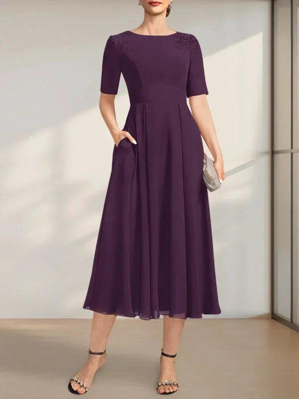 A-line Scoop Tea-Length Chiffon Mother of the Bride Dress With Appliques Lace Sequins by Dreamylily