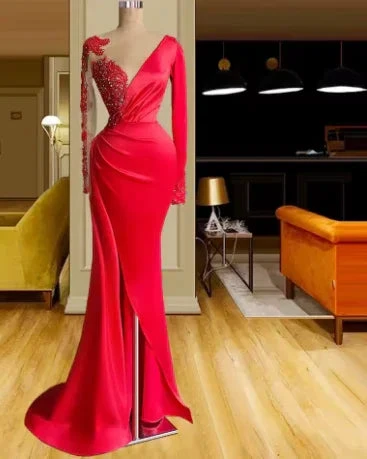 Long Red Satin Evening Dresses Sheer Neckline Long Sleeve Beaded African High Slit Women Formal Prom Dress S24678 by simplepromdress