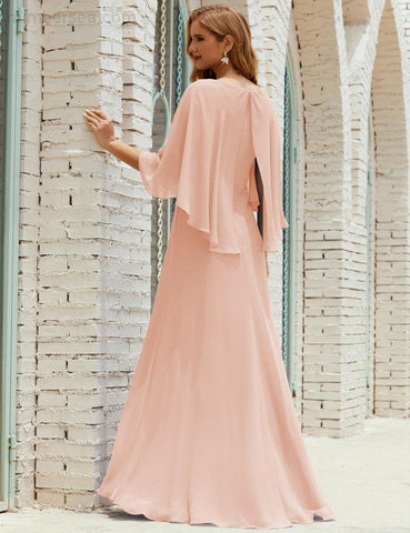 Sunnderly  Bridesmaid Dress Women Long Sleeve V-Neck Chiffon Formal Wedding Party Dress SY28018