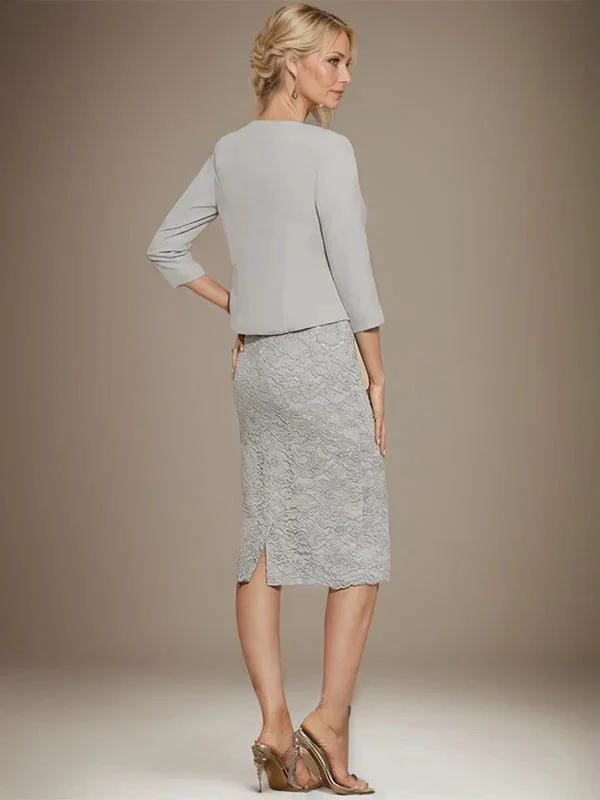 Sheath/Column Scoop Knee-Length Chiffon Lace Mother of the Bride Dress With Beading by Dreamylily