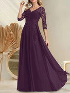 A-line V-Neck Floor-Length Lace Chiffon Mother of the Bride Dress With Sequins by Dreamylily