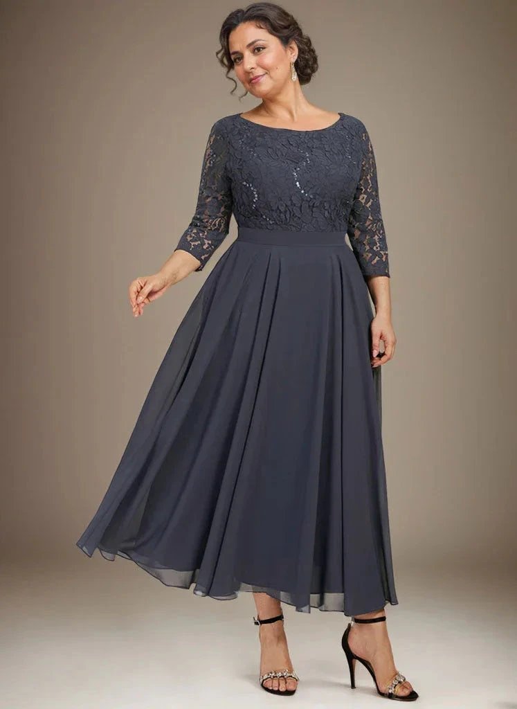 A-line Scoop Tea-Length Lace Chiffon Mother of the Bride Dress With Sequins by Dreamylily