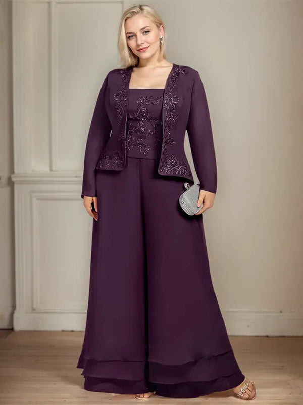 Separates Jumpsuit/Pantsuit Square Ankle-Length Lace Chiffon Mother of the Bride Dress With Sequins