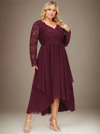 A-line V-Neck Asymmetrical Lace Chiffon Mother of the Bride Dress by Dreamylily