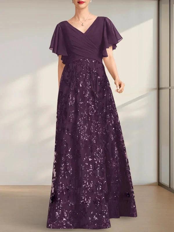 A-line V-Neck Floor-Length Lace Sequin Chiffon Mother of the Bride Dress With Pleated by Dreamylily
