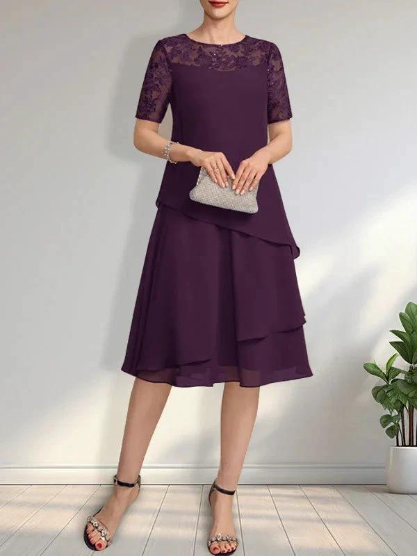 A-line Scoop Illusion Knee-Length Lace Chiffon Mother of the Bride Dress With Sequins by Dreamylily