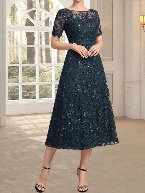 A-line Scoop Illusion Tea-Length Lace Mother of the Bride Dress With Sequins by Dreamylily