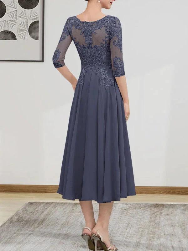 A-line Scoop Illusion Tea-Length Chiffon Lace Mother of the Bride Dress With Beading Sequins by Dreamylily