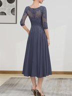 A-line Scoop Illusion Tea-Length Chiffon Lace Mother of the Bride Dress With Beading Sequins by Dreamylily