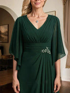 Sheath/Column V-Neck Floor-Length Chiffon Mother of the Bride Dress With Pleated Sequins Beading by Dreamylily
