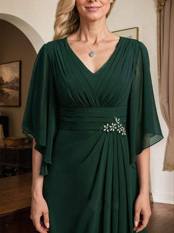 Vestido de gasa para madre de la novia, con escote en V, largo hasta el suelo, con lentejuelas plisadas y abalorios