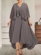 A-line V-Neck Asymmetrical Chiffon Mother of the Bride Dress With Beading Sequins by Dreamylily
