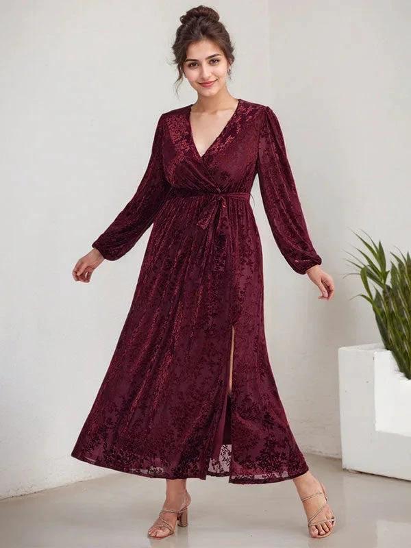 A-Line V-Neck Long Sleeves Velvet Tea-Length Mother of the Bride Dress With Split by Dreamylily