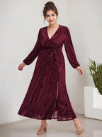 A-Line V-Neck Long Sleeves Velvet Tea-Length Mother of the Bride Dress With Split by Dreamylily