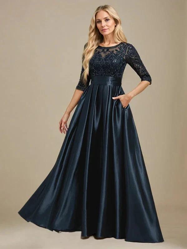 A-line Scoop Illusion Floor-Length Stretch Satin Lace Mother of the Bride Dress With Bow Sequins by Dreamylily