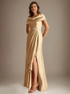A-Line Scoop Floor-Length Stretch Satin Mother of the Bride Dress With Cascading Ruffles by Dreamylily