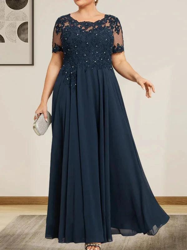 A-line Scoop Illusion Floor-Length Chiffon Lace Mother of the Bride Dress With Sequins Beading by Dreamylily