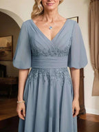 A-line V-Neck Tea-Length Lace Chiffon Mother of the Bride Dress With Pleated by Dreamylily